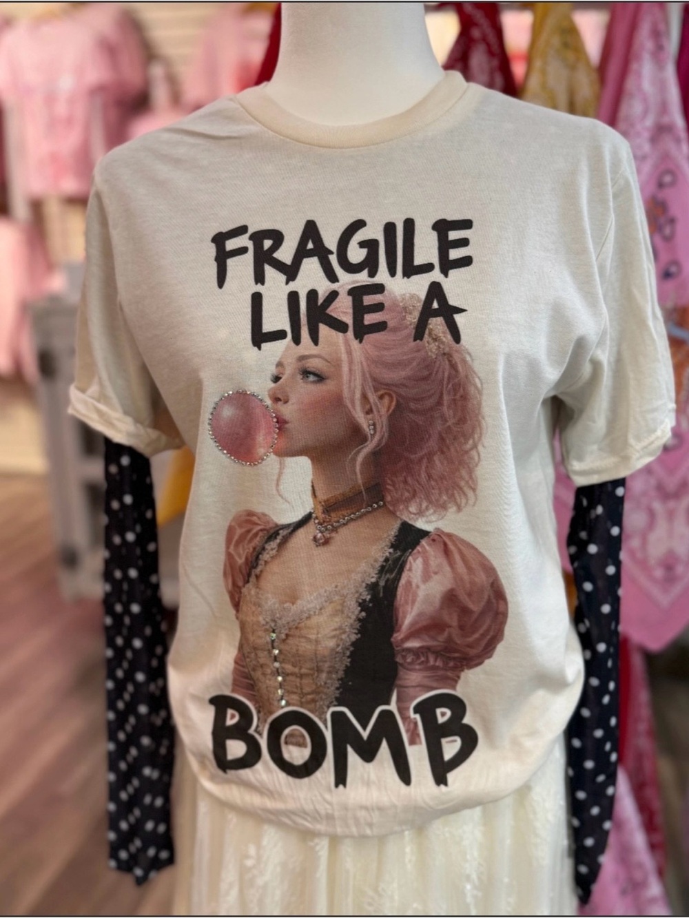Keep It Gypsy ‘Fragile Like a Bomb' Bubblegum Print Natural Tee with Crystals